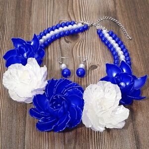Royal Blue White Triple Strand Pearl Flower Earrings Statement Necklace Set